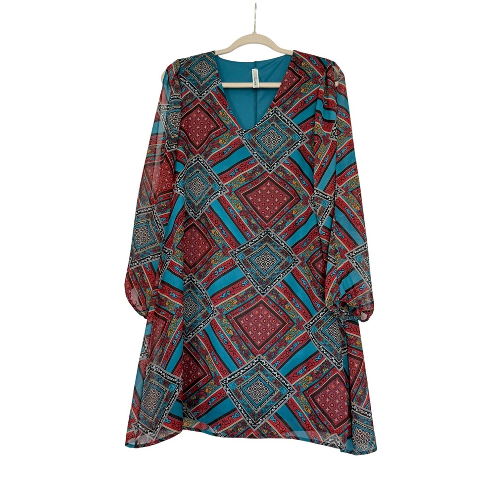 Rachel Kate Shift Dress Women Medium Teal Red Geometric Diamond Bell Sleeve USA
